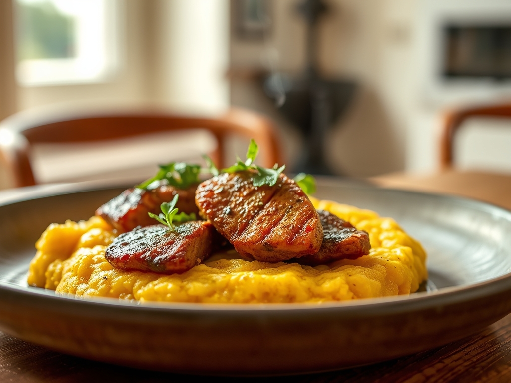 Frango com quiabo e polenta