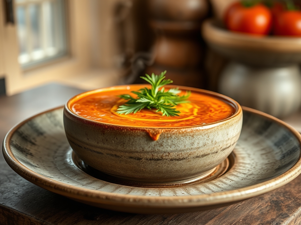 Sopa de tomate com manjericão